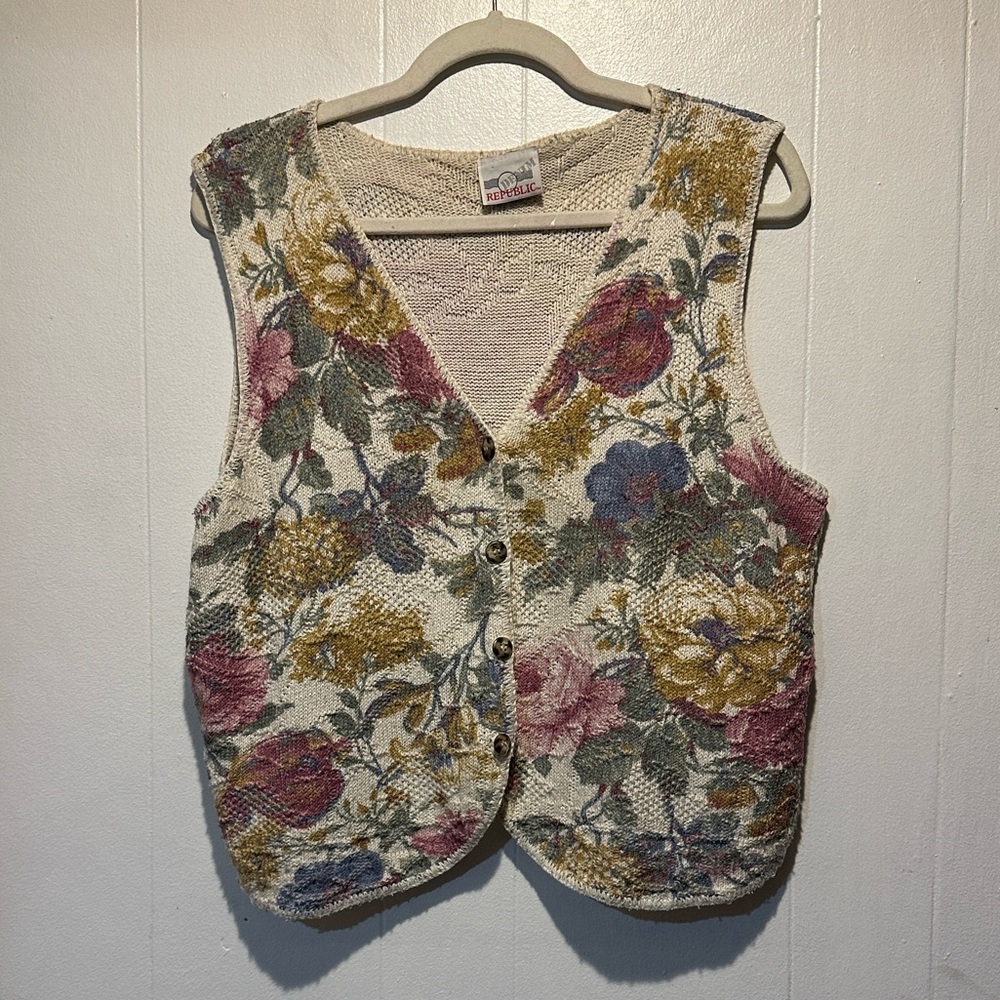 Vintage Denim republic floral‎ vest size l 90s soft